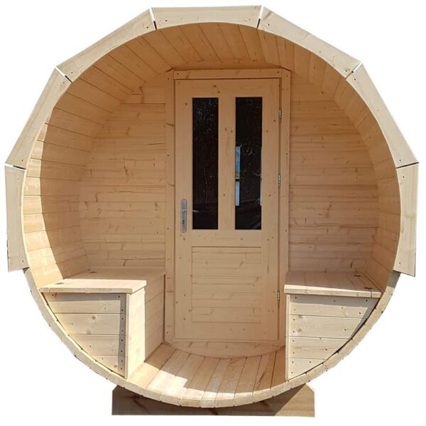 Barrel sauna met terras opbergbanken