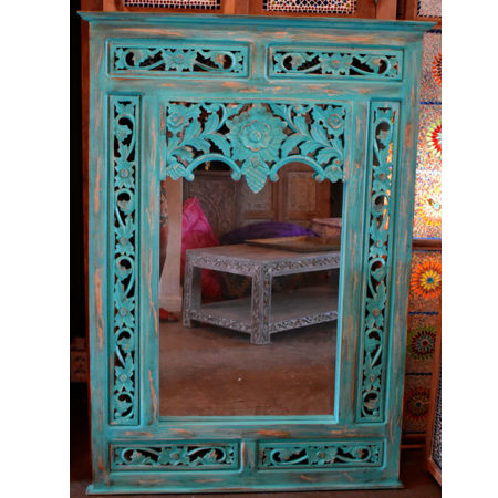 Oosterse spiegel met Arabisch houtsnijwerk | Turquoise | Marokkaanse spiegel | Oosters interieur | Online