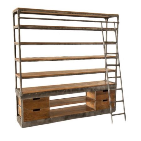 Industrieel meubel | Industriele boekenkast | Metaal | Met vintage lades | Trappetje naast de boekenkast | Moderne stoere industriële kast