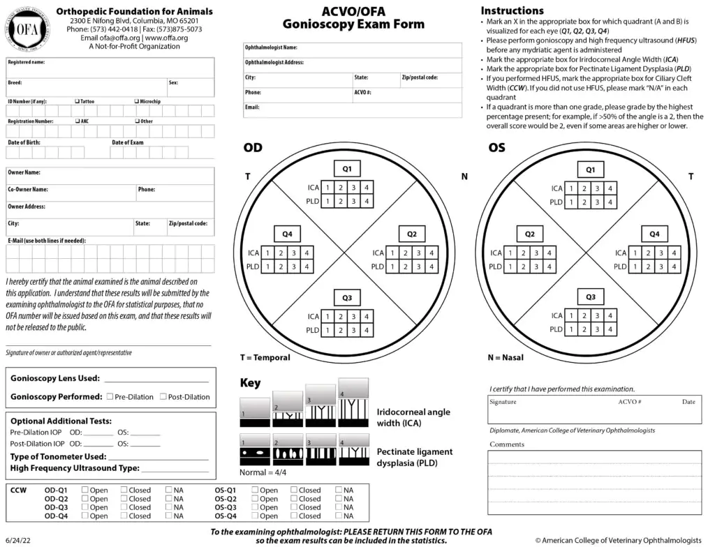 An example of the ACVO/OFA Gonioscopy Exam form